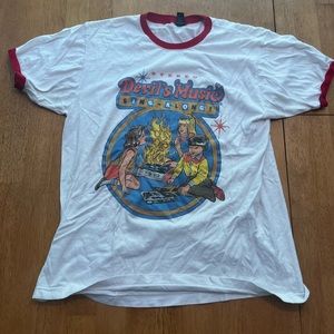 Large devil’s music white and black ringer T
